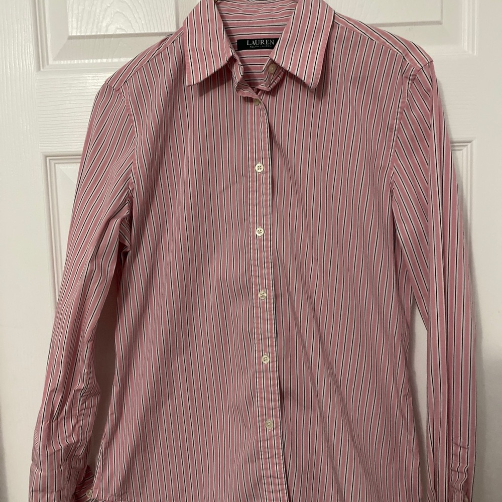 Lauren Ralph Lauren Button Down Shirt Womens S Long Sleeve Casual Striped Pink